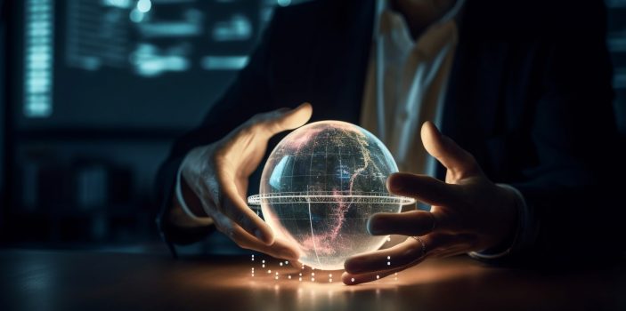 Global businessman holding glowing sphere, futuristic communication concepts generated by artificial intelligence