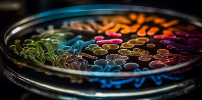 Multi colored bacterium pattern on metal equipment generated by artificial intelligence